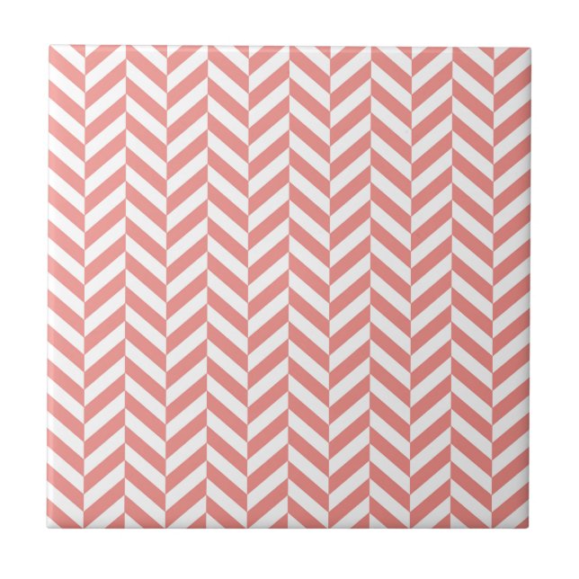 Herringbone Pattern Coral Pink White Ceramic Tile (Front)