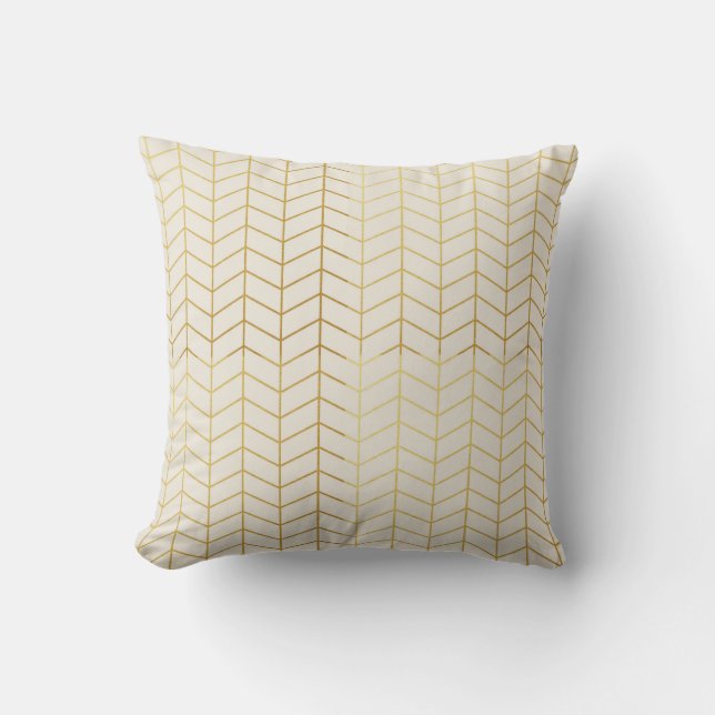 Herringbone Pattern Faux Gold Foil Ivory Geometric Cushion (Front)
