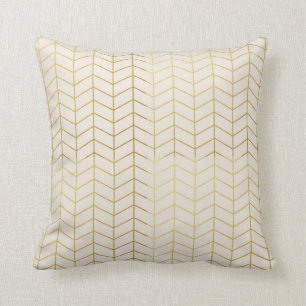 Herringbone Pattern Faux Gold Foil Ivory Geometric Cushion