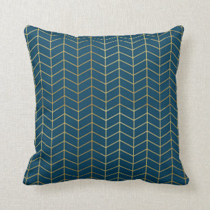 Herringbone Pattern Faux Gold Foil Navy Geometric Cushion