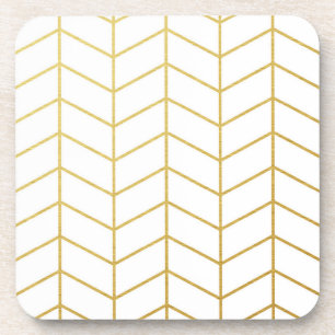 Herringbone Pattern Faux Gold Foil White Geometric Coaster