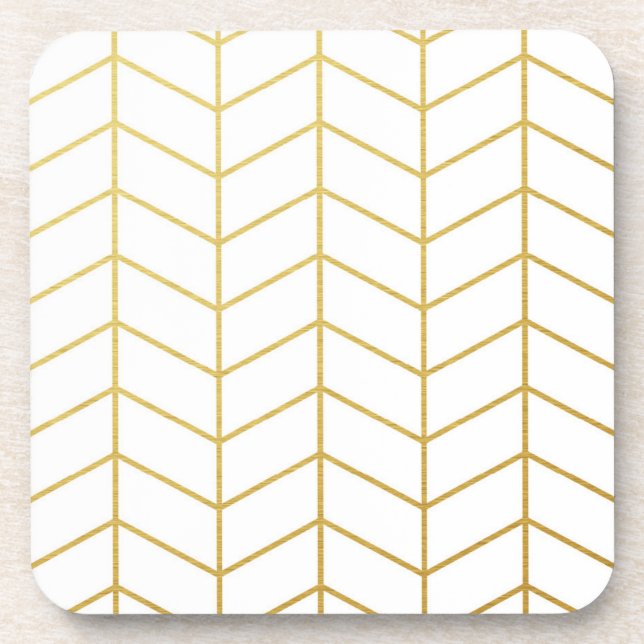 Herringbone Pattern Faux Gold Foil White Geometric Coaster (Front)