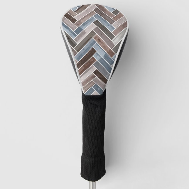 Herringbone Pattern in Blue Brown Grey Golf Head Cover (Front)