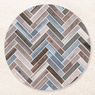 Herringbone Pattern in Blue Brown Grey Round Paper Coaster