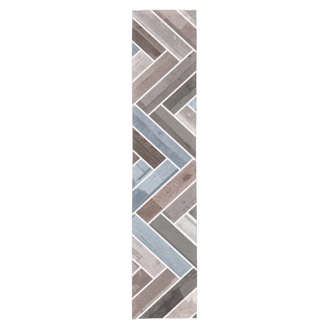 Herringbone Pattern in Blue Brown Grey Short Table Runner (Front)