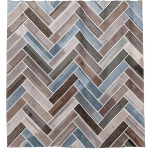 Herringbone Pattern in Blue Brown Grey Shower Curtain