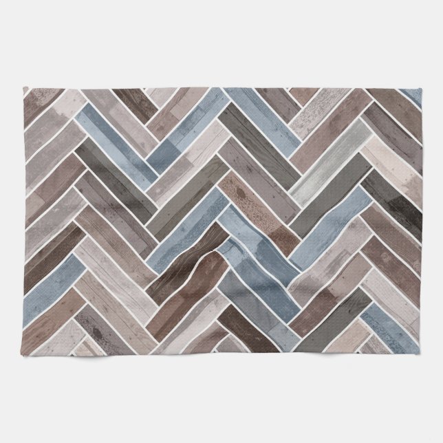 Herringbone Pattern in Blue Brown Grey Tea Towel (Horizontal)