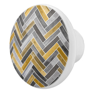 Herringbone Pattern in Grey and Yellow Ceramic Knob