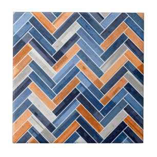 Herringbone Pattern in Navy Blue and Orange Ceramic Tile