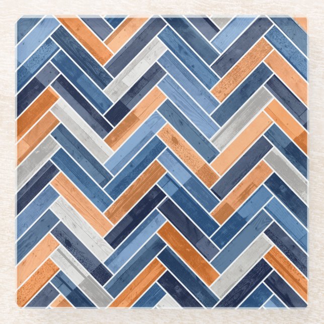 Herringbone Pattern in Navy Blue and Orange Glass Coaster (Front)