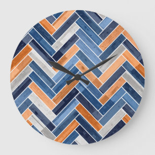 Herringbone Pattern in Navy Blue and Orange Large Clock