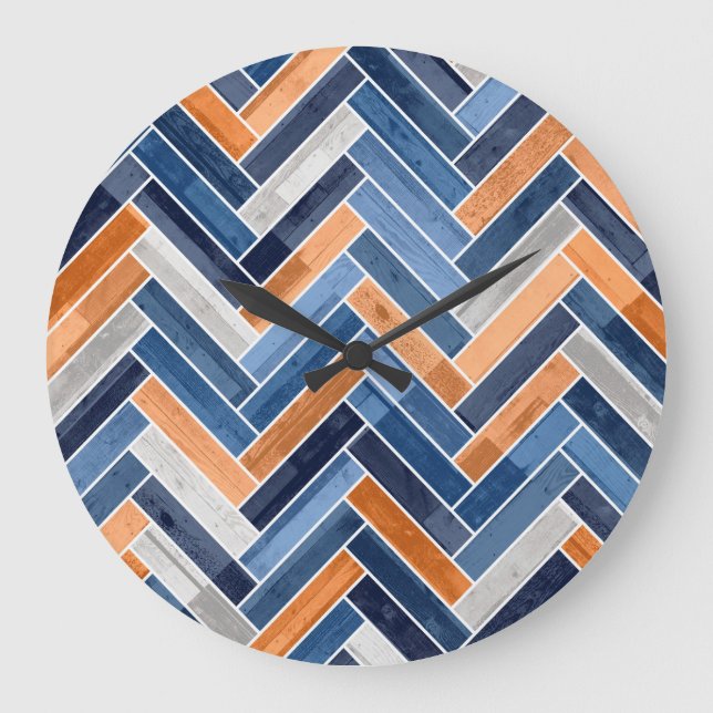 Herringbone Pattern in Navy Blue and Orange Large Clock (Front)