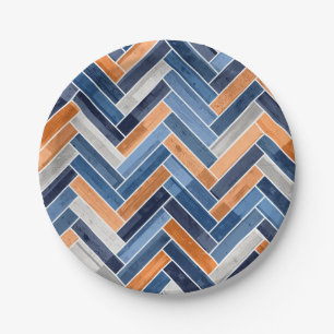 Herringbone Pattern in Navy Blue and Orange Paper Plate