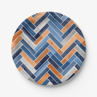 Herringbone Pattern in Navy Blue and Orange Paper Plate