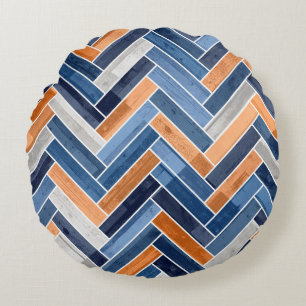 Herringbone Pattern in Navy Blue and Orange Round Cushion