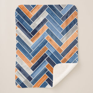 Herringbone Pattern in Navy Blue and Orange Sherpa Blanket