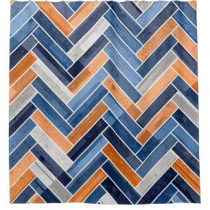 Herringbone Pattern in Navy Blue and Orange Shower Curtain