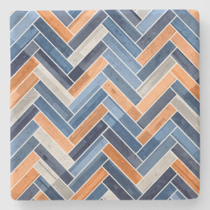 Herringbone Pattern in Navy Blue and Orange Stone Coaster