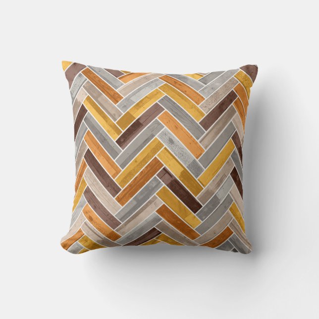 Herringbone Pattern in Orange Brown Grey Cushion (Front)