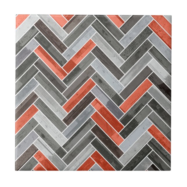 Herringbone Pattern in Orange Grey Ceramic Tile (Front)