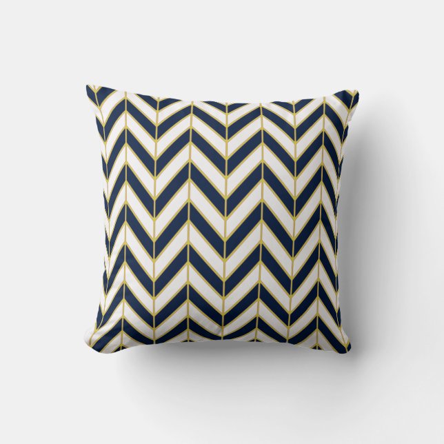Herringbone Pattern Pillow in Navy, White, Gold (Front)
