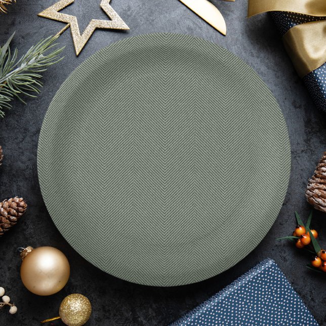 Herringbone simple sage green Christmas holiday Paper Plate (Creator Uploaded)