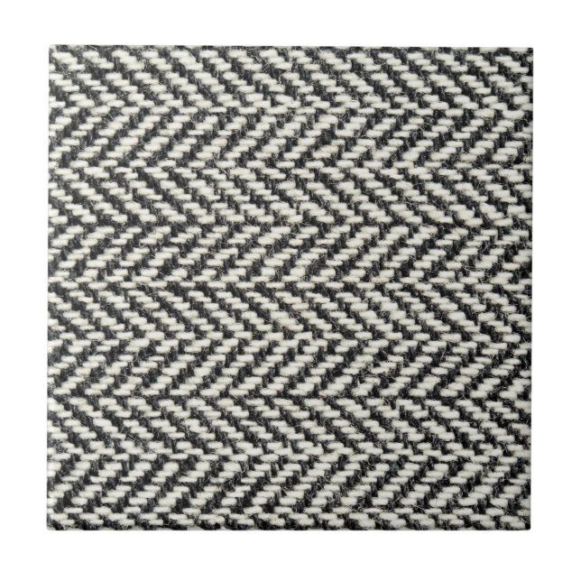 Herringbone Tweed Rustic Black & White Knit Print Ceramic Tile (Front)