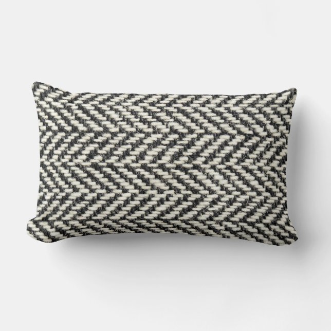 Herringbone Tweed Rustic Black & White Knit Print Lumbar Cushion (Front)