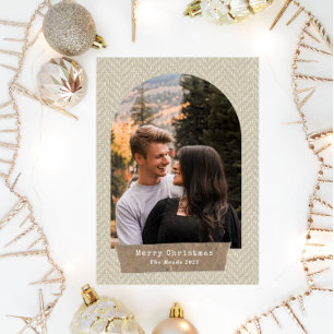 Herringbone Tweed Torn Paper Arch Christmas Photo Holiday Card