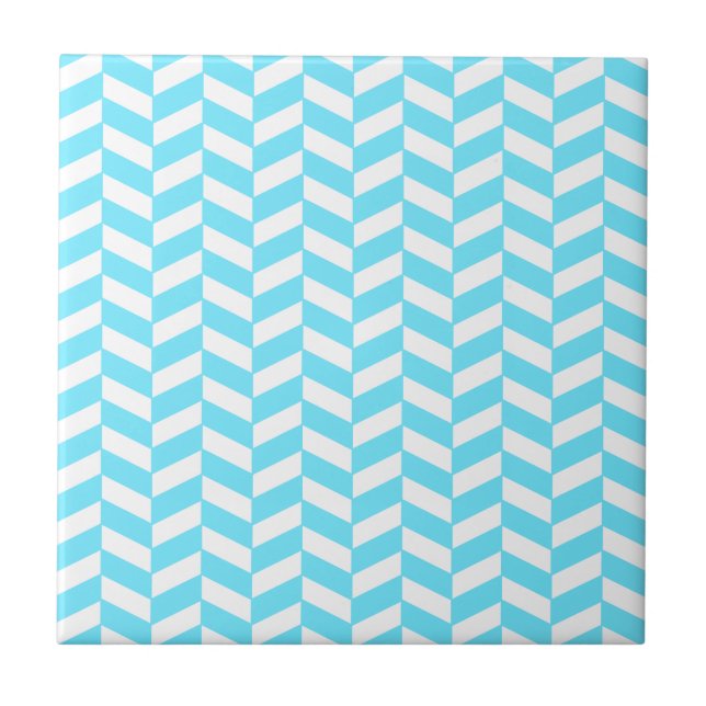 Herringbone White Bright Blue Summer Mod Pattern Ceramic Tile (Front)