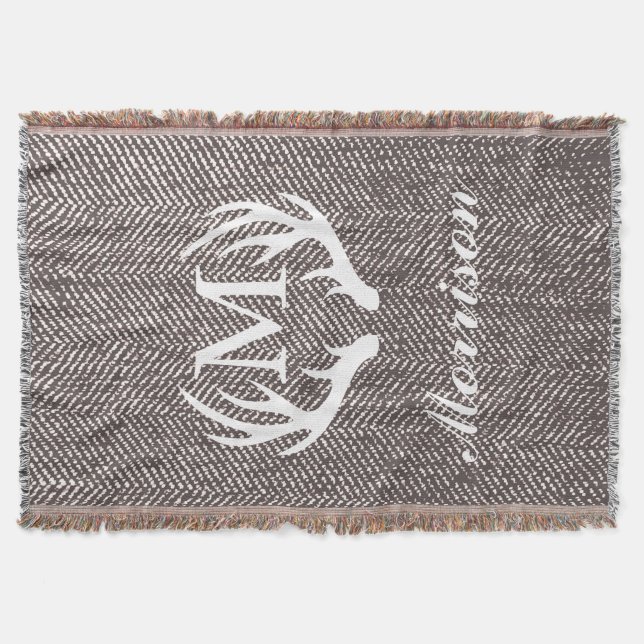 Herringbone White Deer Antlers Monogrammed Throw Blanket (Front)
