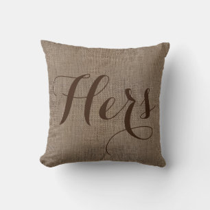 Hers Burlap-Look Rustic Wedding Keepsake His/Hers Cushion
