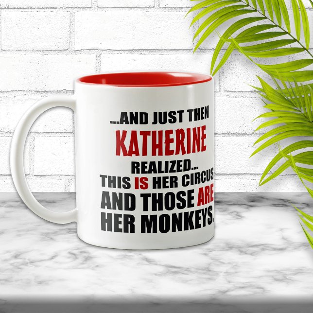 (Hers) Funny Personalized Circus Monkeys Two-Tone Coffee Mug