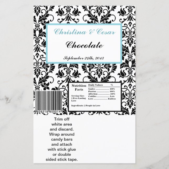 Hershey's Large Bar Wrapper Black Damask Baby Blue (Front)