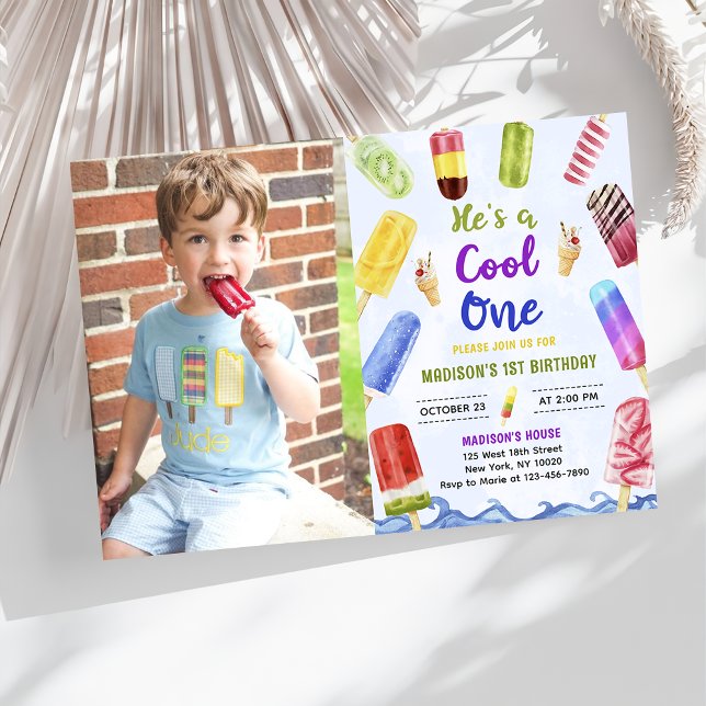 He's a Cool One Boy Popsicle 1st Birthday Photo Invitation (Creator Uploaded)