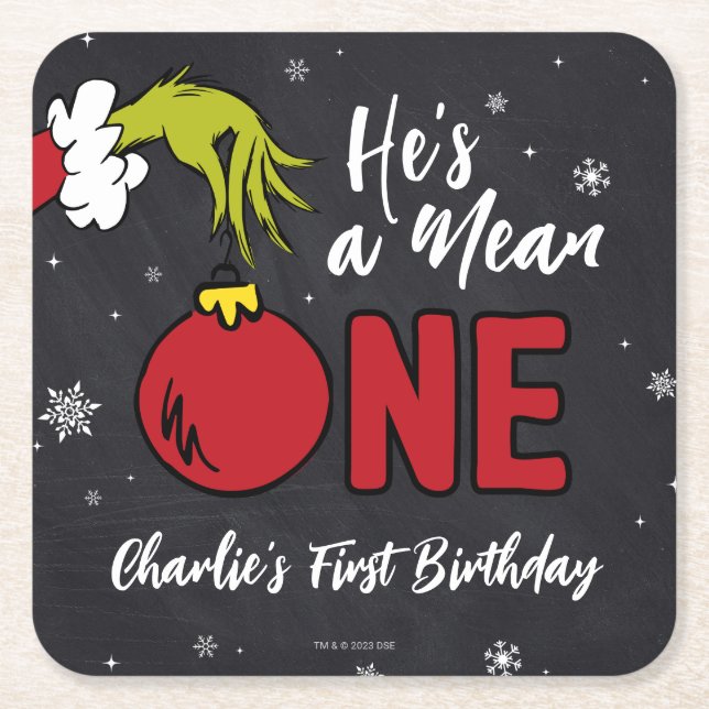 He's a Mean One | Grinch Birthday Square Paper Coaster (Front)