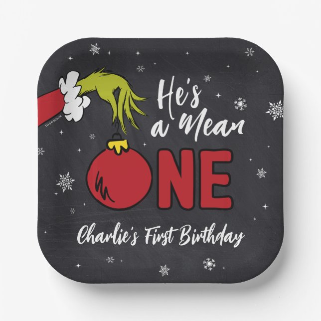 He's a Mean One | Grinch Chalkboard Birthday Paper Plate (Front)