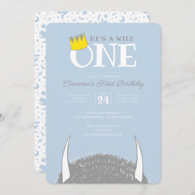 He's a Wild One - 1st Birthday Crown Blue Invitation (Front/Back)