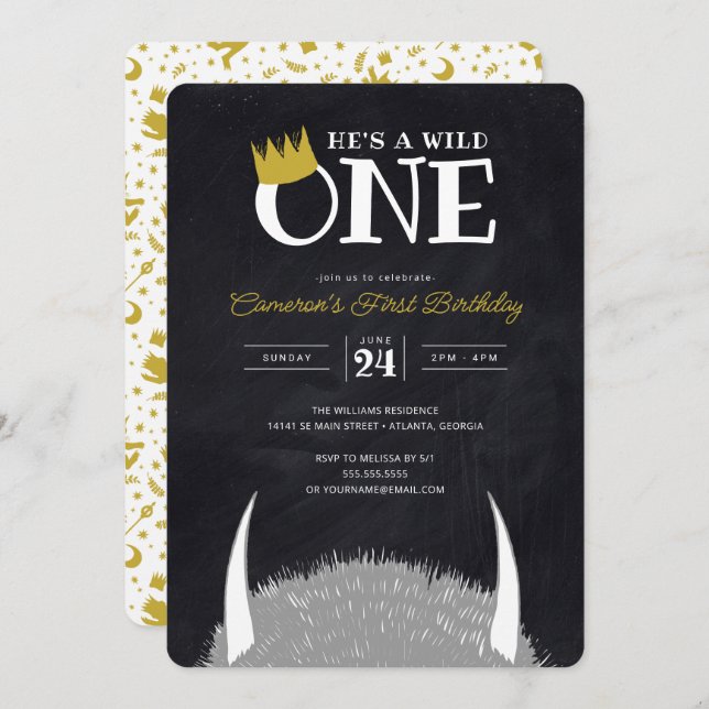 He's a Wild One - 1st Birthday Crown Chalkboard Invitation (Front/Back)