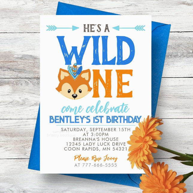 He's a WILD ONE 1st Birthday Party Invitation (He's a Wild One Tribal Fox 1st Birthday Invitations. Available printed or digital download)