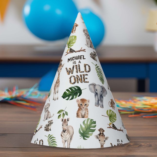 Hes a Wild One, Safari Themed Boy 1st birthday Party Hat (Wild One, boy 1st birthday party hat)