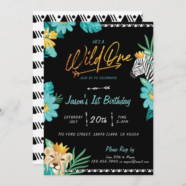 He's A Wild One Tropical Jungle Tribal Birthday Invitation (Front/Back)