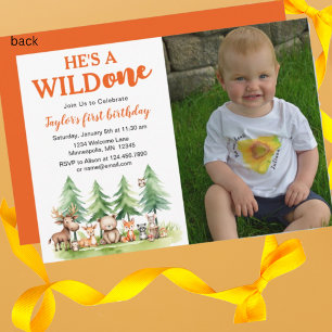 He's a wild one Woodland Animals Photo 1st B-day Invitation