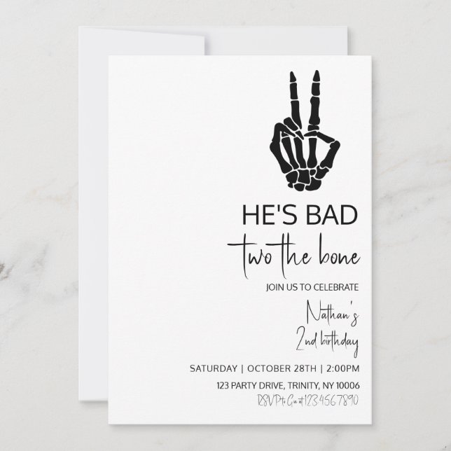 He's Bad Two the Bone Halloween Birthday Invitation (Front)