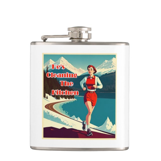He's Cleaning The Kitchen Sassy Runner Hip Flask (Front)