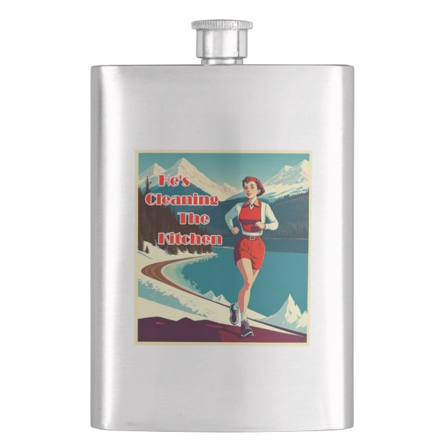 He's Cleaning The Kitchen Sassy Runner Hip Flask (Front)