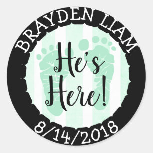 He's Here, New Baby Boy Announcement Classic Round Sticker