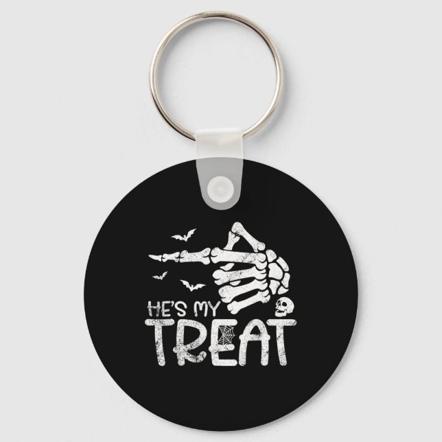 He's My Treat Skeleton Hand Funny Halloween Costum Key Ring (Front)