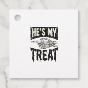 He's My Treat Skeleton Hand Halloween Shirt Design Favour Tags