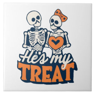 Hes My Treat Skeleton Matching Couple Halloween Ceramic Tile